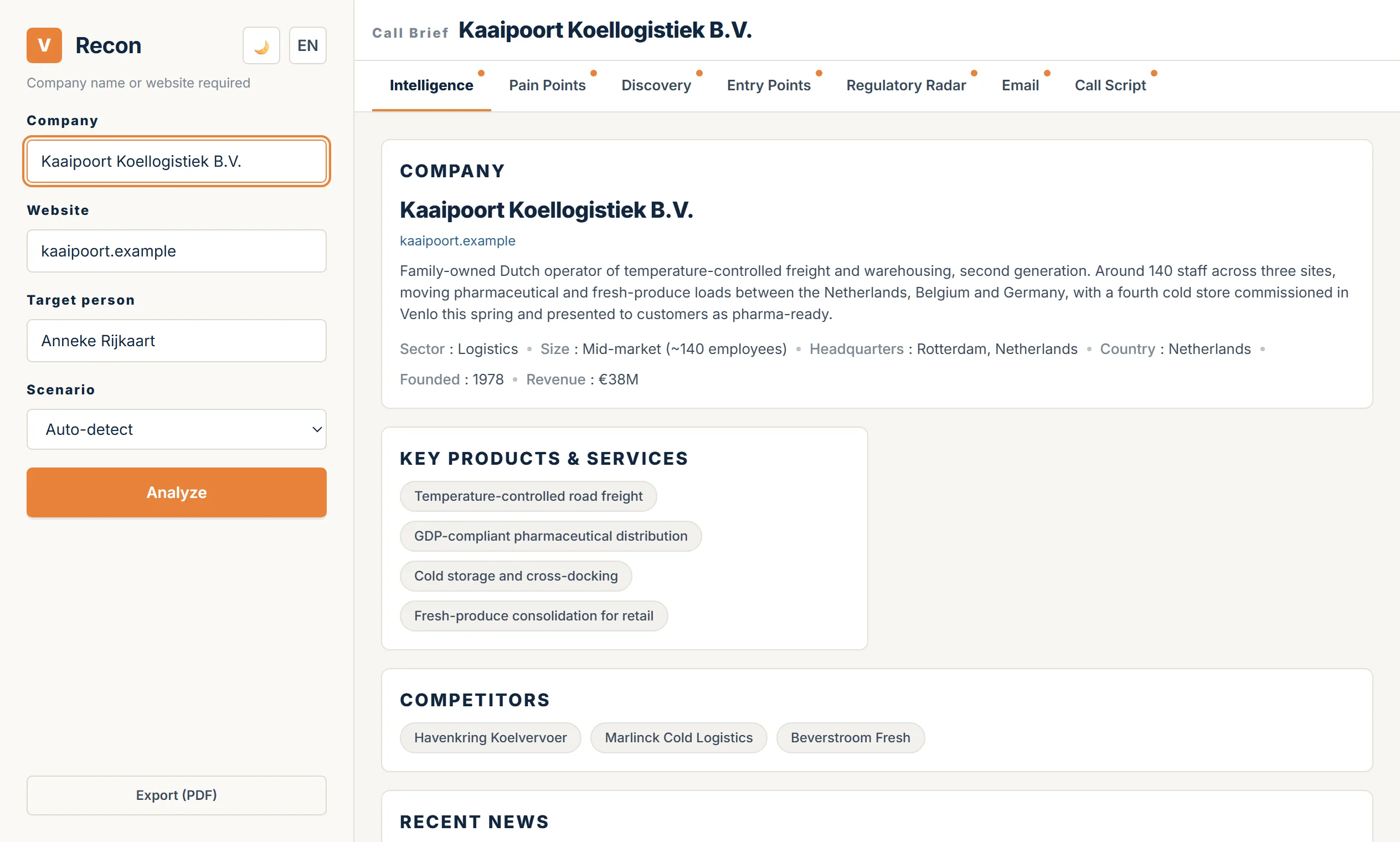 Call Brief for Kaaipoort Koellogistiek, read through a cold-chain compliance proposition