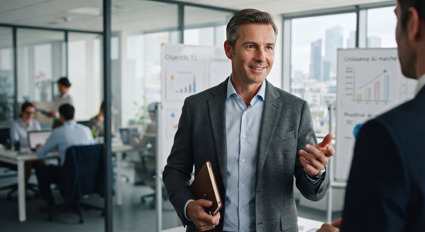 Sales director talking with a colleague in an open-plan office