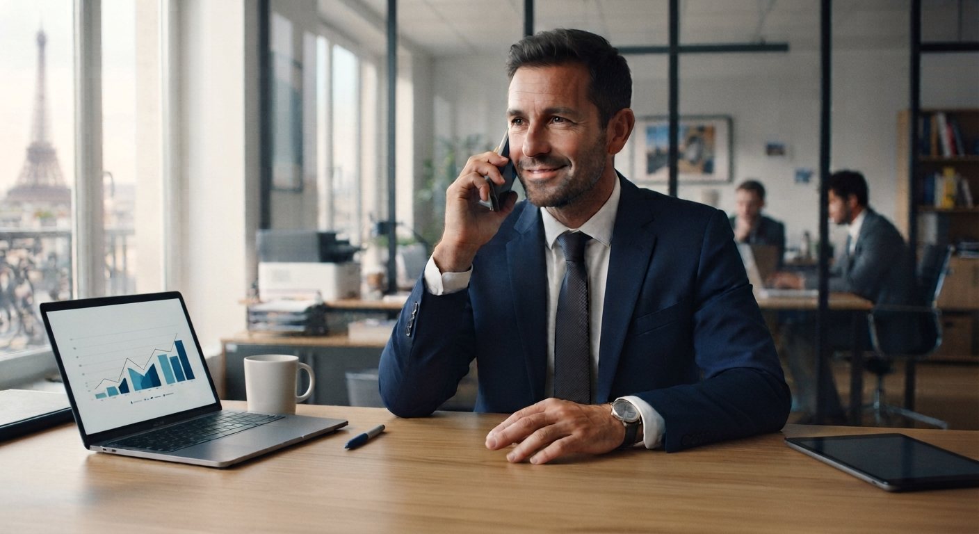 Founder on a sales call at his desk, his team working behind him